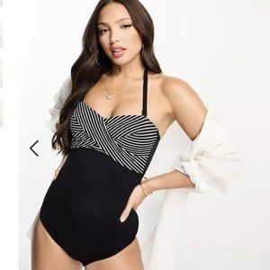 Figleaves strapless swimsuit in black and white stripe tummy control fabric